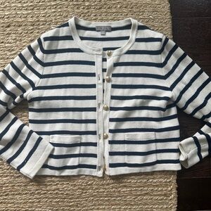J. Crew Navy and Cream Striped cropped Cardigan